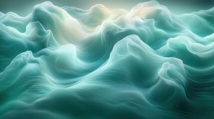 Obraz premium This image presents a landscape in soft green tones, characterized by a dreamy and surreal atmosphere with undulating, cloud-like waves.