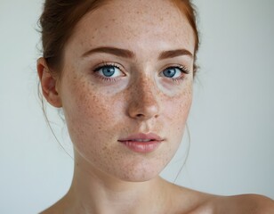 Portrait of Woman with freckles. Close-up. Beautiful blue eyed girl.