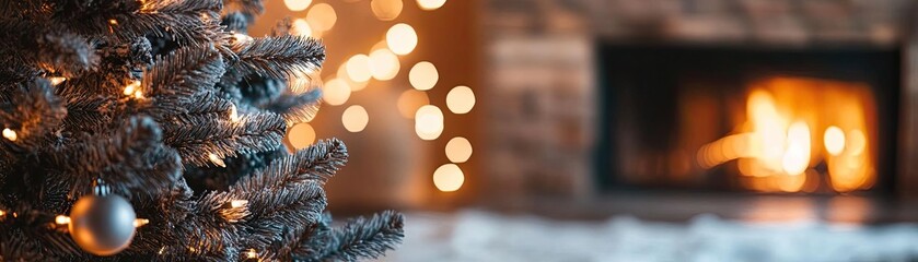 Cozy Christmas scene with a decorated tree, warm fireplace, and soft lighting, evoking festive joy and holiday cheer.