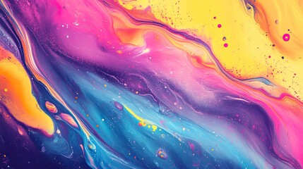 Vibrant fluid art pattern with splashes of paint and bold color transitions. Colorful acrylic background