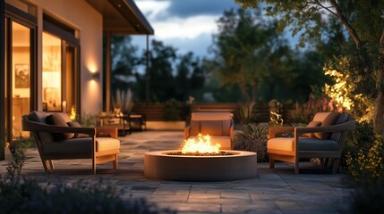 A cozy outdoor seating arrangement featuring a fire pit, illuminated by warm evening lights, creating an inviting atmosphere perfect for social gatherings or relaxation.