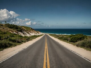 Serene road leading to a tranquil beach with clear skies.
