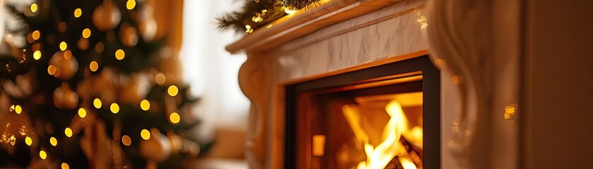Obraz premium Warm and inviting scene featuring a glowing fireplace beside a beautifully decorated Christmas tree with soft lights.