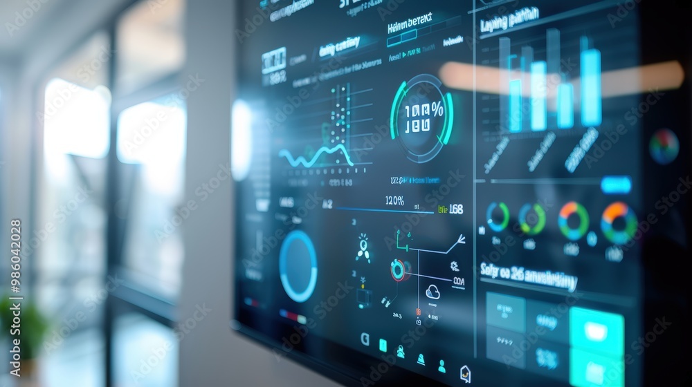 Poster smart home interface displaying real-time energy usage and savings data in a modern living space