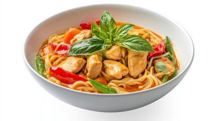 A bowl of spicy Thai curry noodles with chicken and vegetables, garnished with fresh basil leaves, against a simple white background for a clean look.