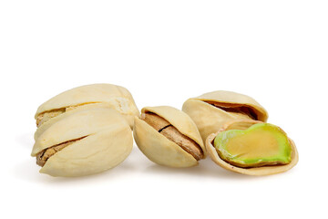 Pistachios isolated on white background. Close-up.