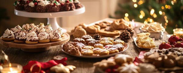Fototapeta premium Delicious assortment of festive cookies and desserts beautifully presented for a holiday celebration.