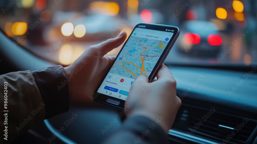 Poster a person uses a smartphone to navigate a map while sitting in a car, illuminated by city lights and 