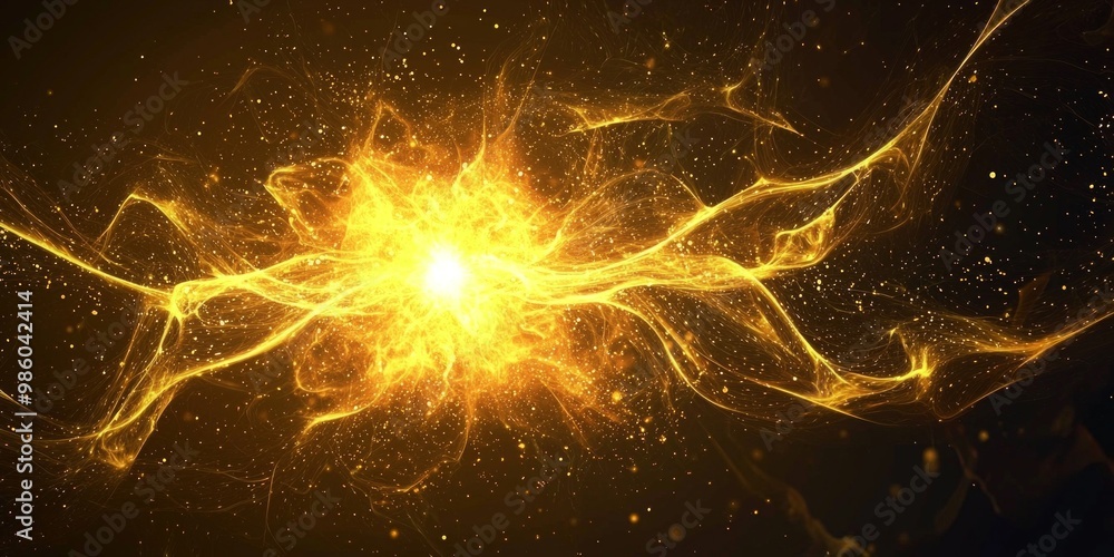 Aufkleber a stunning explosion of yellow particles bursts forth from a glowing core, creating an energetic wav