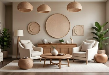 A modern living room with beige armchairs, a wooden coffee table, and wall decor including a framed circular artwork and woven light fixtures.