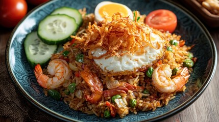 A colorful plate of fried rice topped with shrimp, a fried egg, and fresh vegetables.