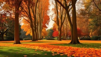 Orange fall leaves in park, autumn natural background