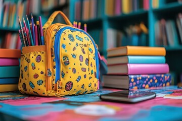 overflowing backpack with school supplies on desk colorful stationery and books convey backtoschool excitement and educational preparedness