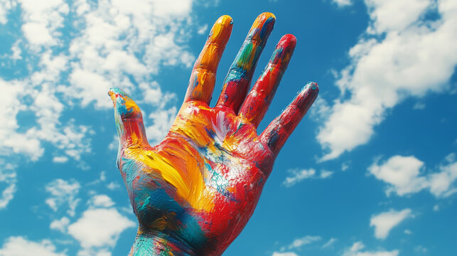 giant multicolored hand reaches down from sky, showcasing vibrant hues against backdrop of fluffy clouds. This striking image evokes creativity and imagination
