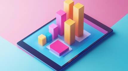 Colorful 3D bar graph on tablet screen, against blue and pink background.
