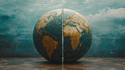 image depicts globe split in two, symbolizing division and barriers. textured surface highlights continents, evoking sense of global separation and impact of tariffs and sanctions