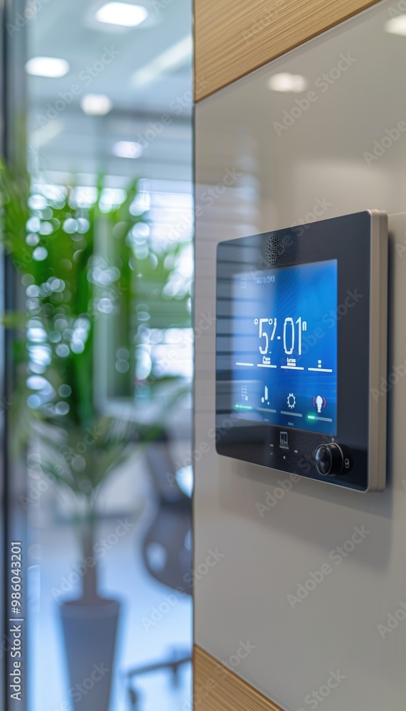 Poster smart thermostat in modern office for efficient temperature and lighting control