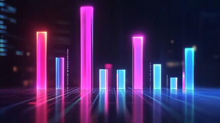 Fototapeta premium Abstract neon bar graph representing data visualization.