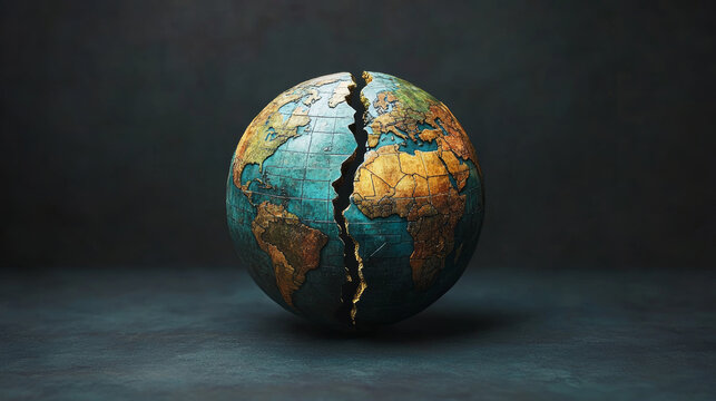 globe split in two symbolizes division and conflict, highlighting impact of tariffs and sanctions on global unity. This striking image evokes sense of urgency and reflection