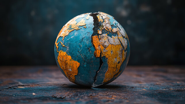 cracked globe symbolizes division and conflict, representing impact of tariffs and sanctions on global unity. Its vibrant colors contrast with dark background, evoking sense of urgency