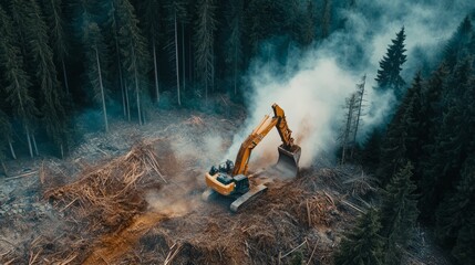 Excavator clearing forest land, creating smoke and debris.