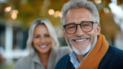 A smiling man with a salt-and-pepper beard wears glasses and a cozy scarf, with a blurred woman in the background, set in a warm and inviting autumn atmosphere.