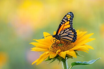 Obraz premium Monarch Butterfly Bright Sunflower. Spring Summer Meadow. Wildflowers Grasses. Natural Sunlight.