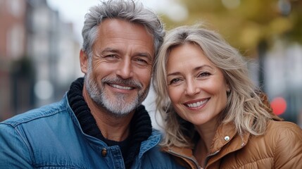 A happy couple stands together, smiling in a bright outdoor setting, capturing a moment of warmth and connection with the sunlight filtering through autumn foliage.
