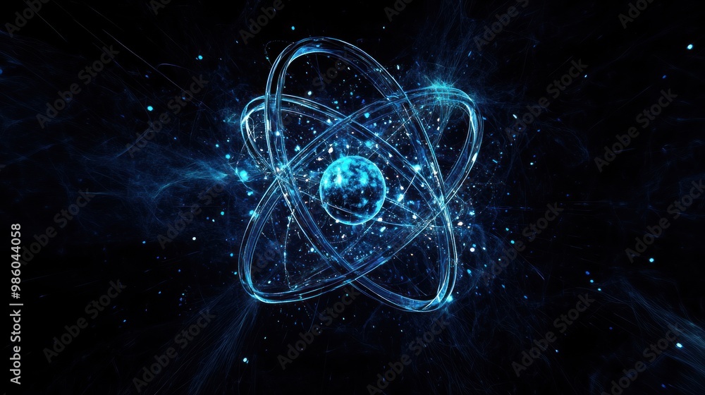 Canvas Prints abstract blue glowing atom symbol.