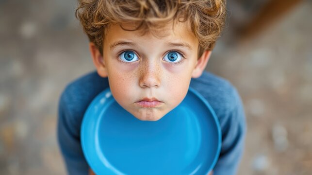 A young boy with blue eyes and freckles looks up, holding an empty blue plate. His expression reflects a sense of expectation or curiosity, set outdoors.