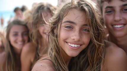 Fototapeta premium A joyful gathering of young friends looking upwards under a bright blue sky on a sunny day outdoors. Generative AI