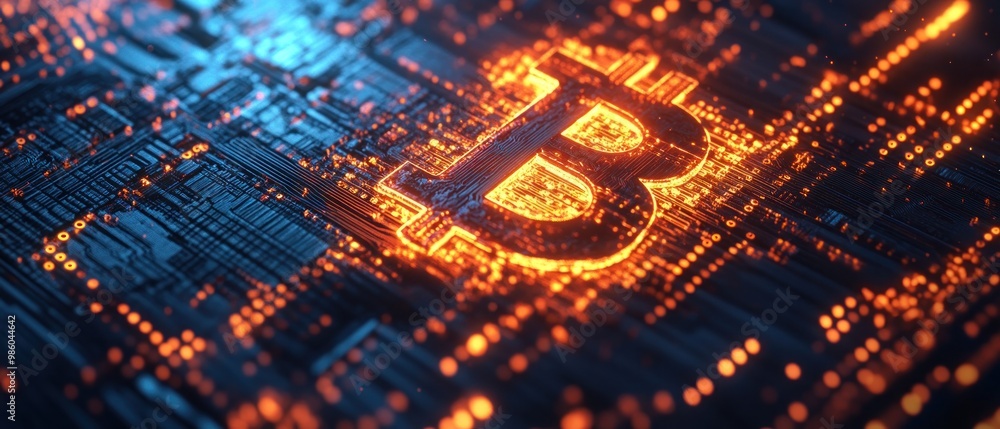 Poster a digital representation of the bitcoin symbol glowing on a circuit-like background.