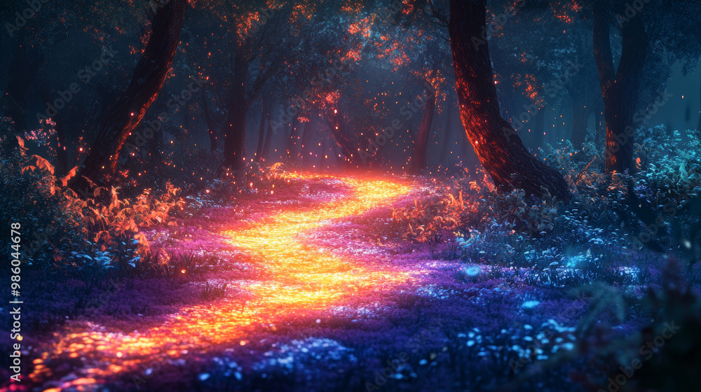Canvas Prints glowing path of colors winds through surreal forest, illuminated by vibrant hues and surrounded by e