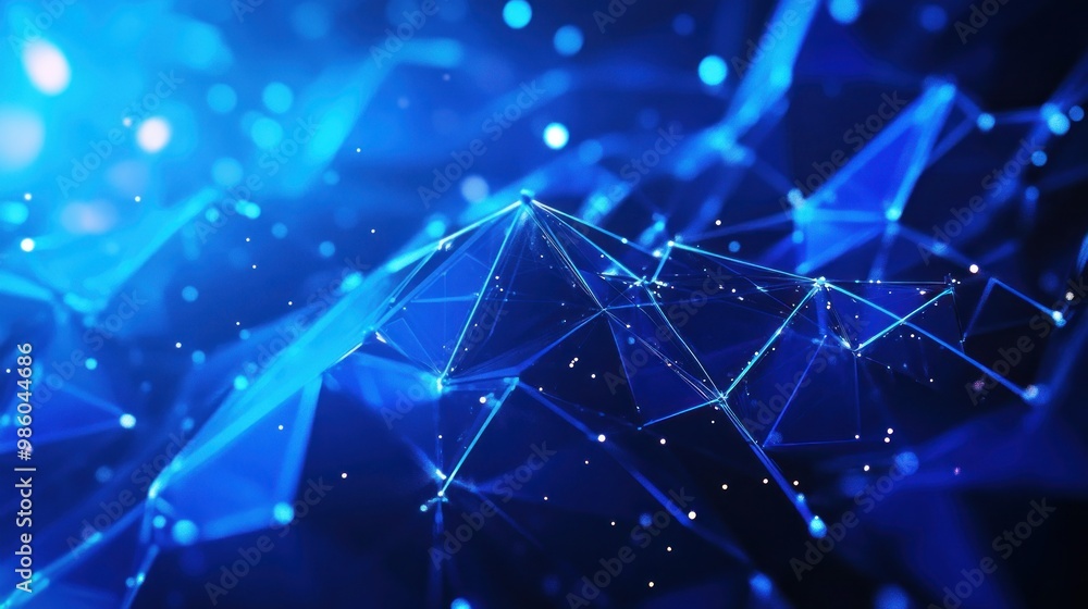 Poster abstract representation of a digital network with glowing blue connections and particles.
