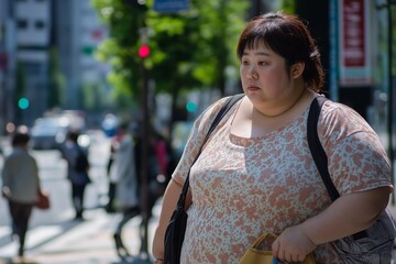 overweight Asian woman sadly walking at city street, unhealthy or tired, Social Values or healthcare concept