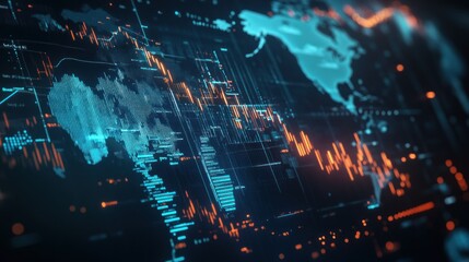 Fototapeta premium Digital representation of global data analytics with charts and maps.