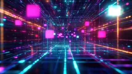 A vibrant digital tunnel filled with glowing cubes and lines, representing data flow.