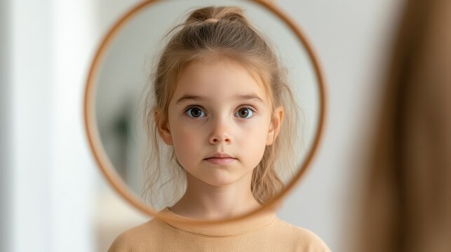 A curious young girl with brown hair tied up, gazes into a circular framed mirror. Her wide eyes reflect her curious nature and innocence in this candid moment.