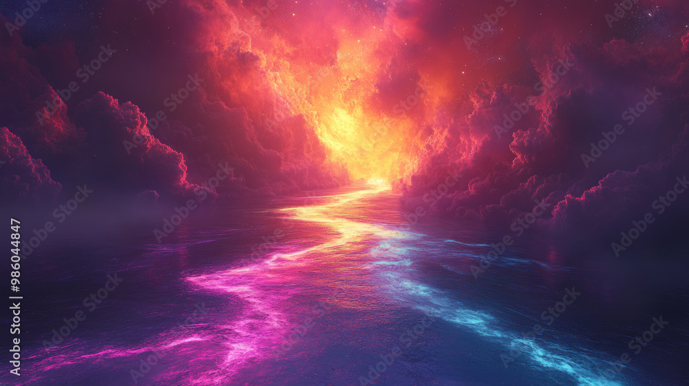 Canvas Prints vibrant river of colors flows through surreal landscape, illuminated by fiery hues and soft clouds. 