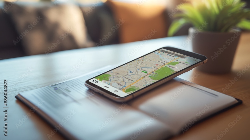 Poster a smartphone displaying a map rests on an open book, with a cozy background featuring a plant and so