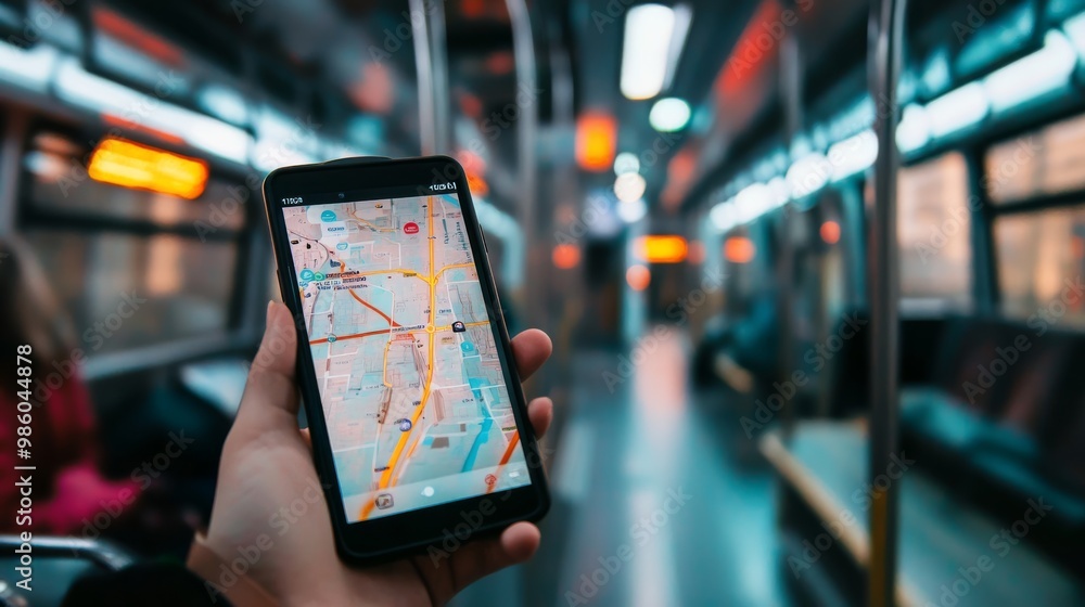 Poster a person holds a smartphone displaying a map while riding a nearly empty subway, illuminated by vibr