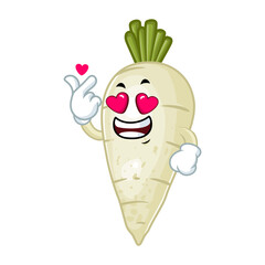 Cute daikon radish cartoon character showing a heart shape with hands. Love concept.