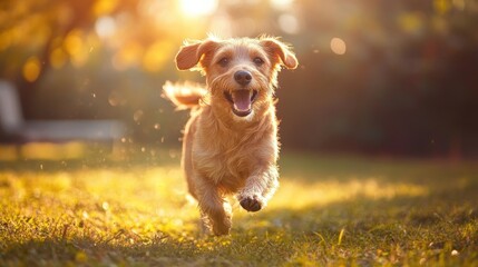 A small, happy dog runs through the grass on a sunny day, backlit by the sun.