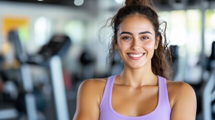 Fototapeta premium A cheerful woman stands confidently in a gym, dressed in a purple tank top, with exercise equipment visible in the background, highlighting fitness and positivity.