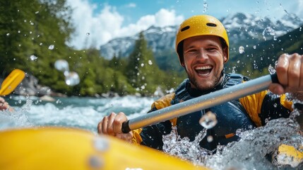 A man energetically navigates through rapid waters in a yellow raft, set against breathtaking mountain landscapes, exemplifying resilience and adventure spirit.