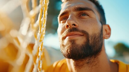 A bearded man gazes thoughtfully into the golden light of adventure, representing introspection, contemplation, and a connection to nature's profound beauty and wonder.