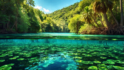 A serene scene with clear turquoise waters flowing through a forest of tall, palm-like trees.
