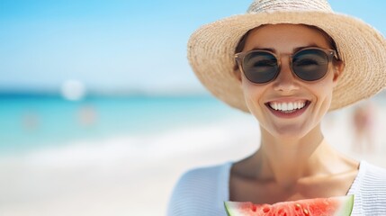 A woman with a straw hat and sunglasses enjoys watermelon by the sunny beach, where fun and relaxation meld with the serene ocean view and playful atmosphere.
