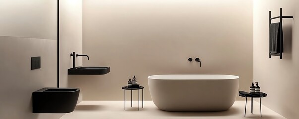 Beige and gray minimalist bathroom with black fixtures and soft lighting, minimalist bathroom aesthetic, warm elegance