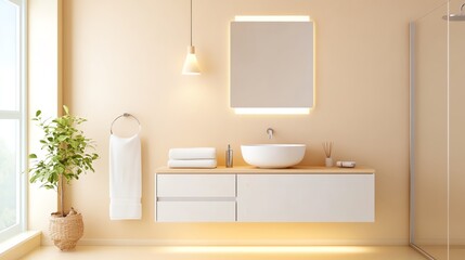 Beige bathroom with floating vanity and recessed lighting, minimalist bathroom aesthetic, modern warmth